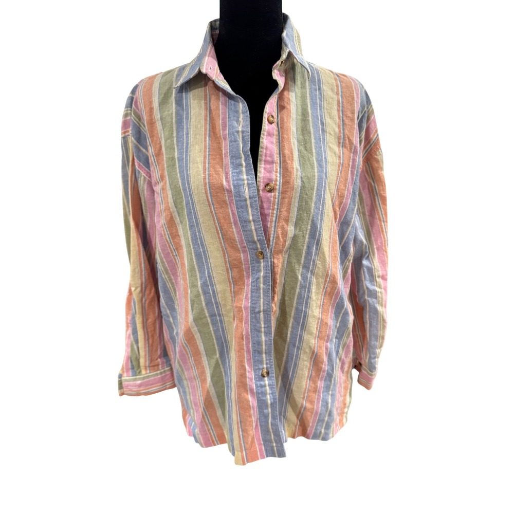 Harve Benard Linen Cotton Striped Button Down Shirt Womens Small Multi Color Vtg